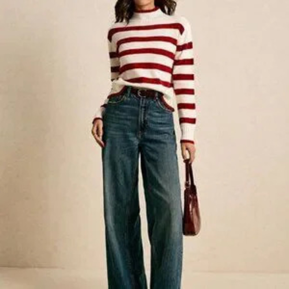 Red And White Casual Women's Colorblock Striped Stand Collar Sweater